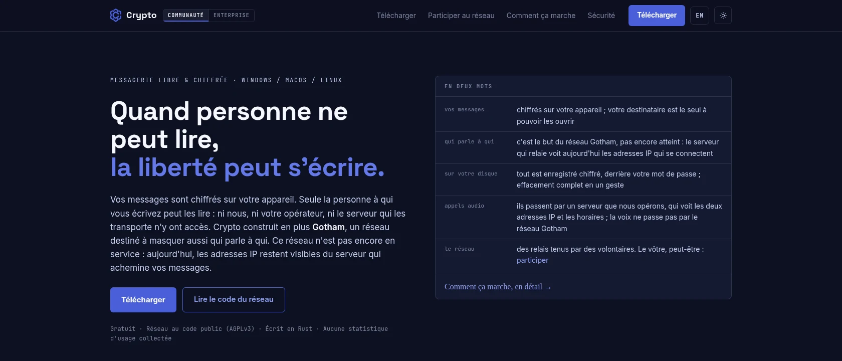 Le site public de Crypto, page d'accueil en français